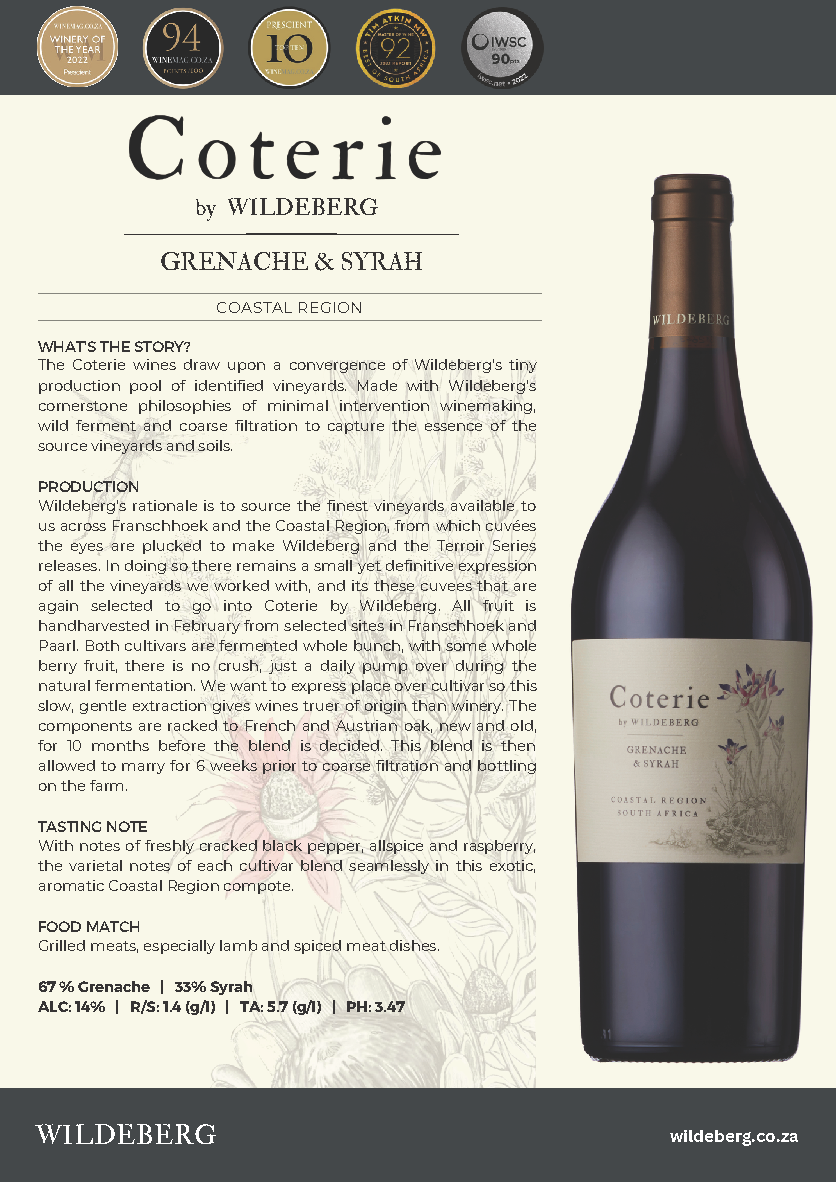 COTERIE BY WILDEBERG GRENACHE-SYRAH RED BLEND 2022 14%