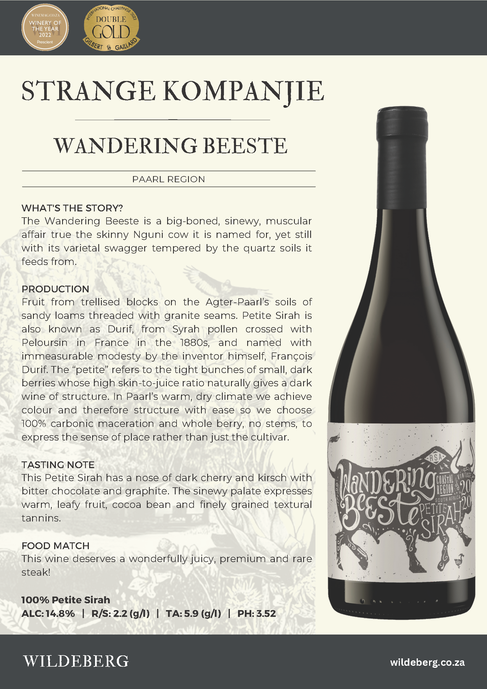 WILDEBERG WANDERING BEESTE PETITE SYRAH, 2021, 14.5%